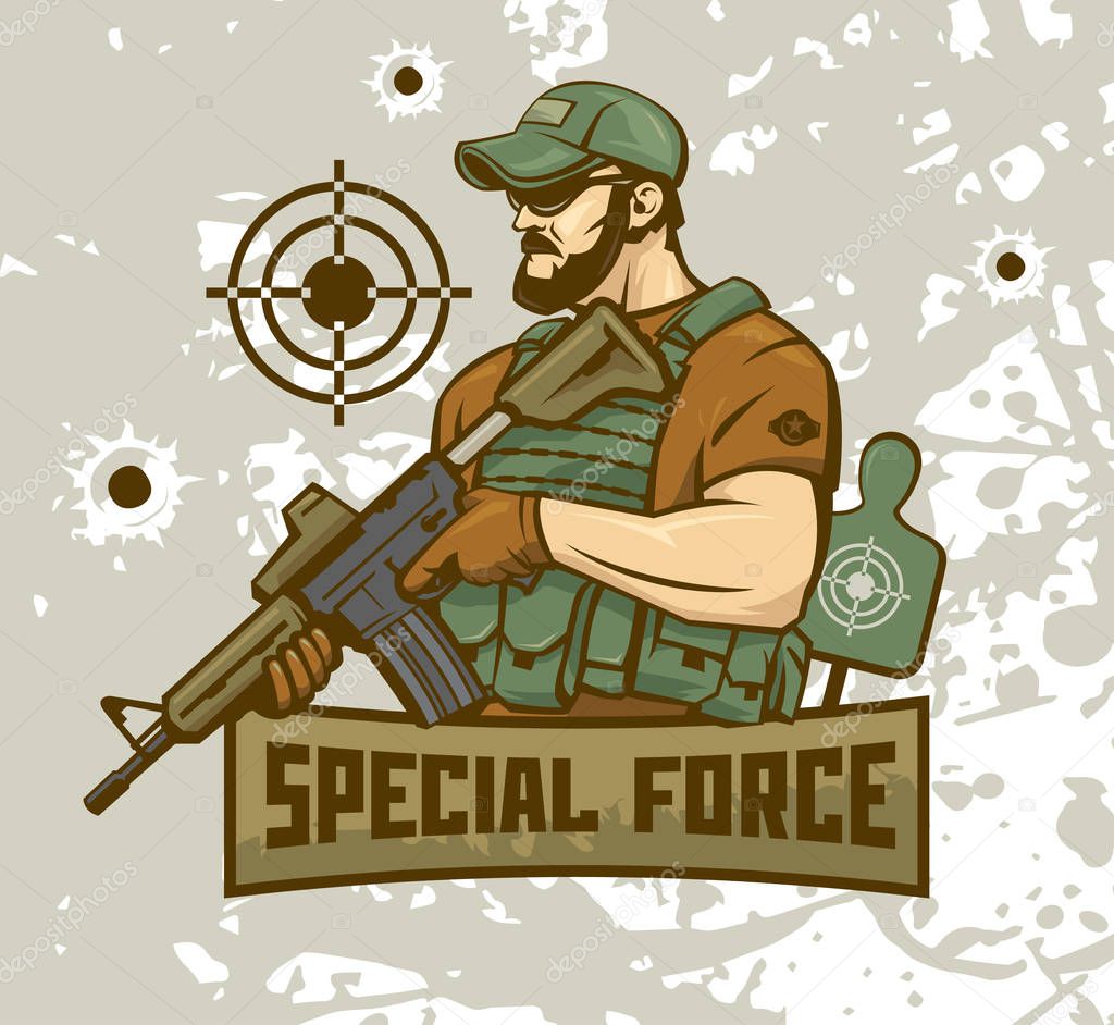 Special Forces soldier holds an assault rifle against the background of the shield. Logo of a military man illustration.