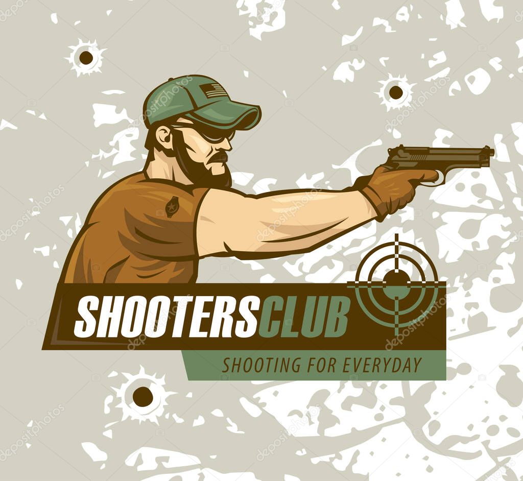 Special Forces soldier holds a pistol. Logo shooting club, military illustration.