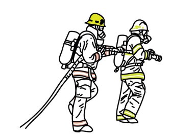 Beyaz üzerine itfaiyecilerin el çizimi vektör çizimi