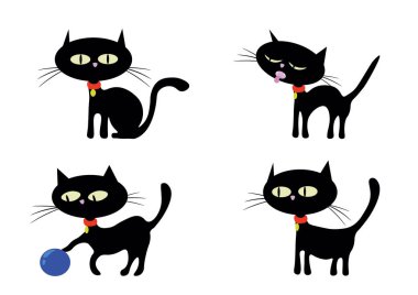 Beyaz üzerinde çeşitli pozlarda siyah kedi setinin el çizimi çizimi çizimi