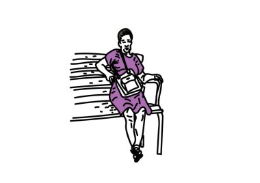 Beyaz bankta oturan kadının el çizimi vektör çizimi