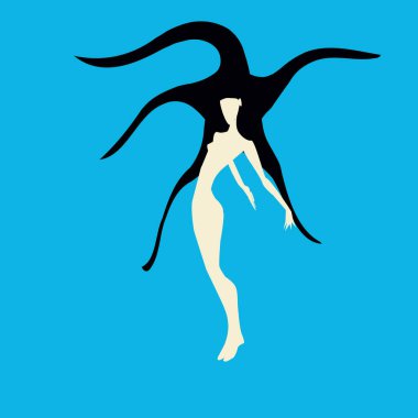 Beyaz üzerine uzun siyah saçlı bir kadının el çizimi çizimi.