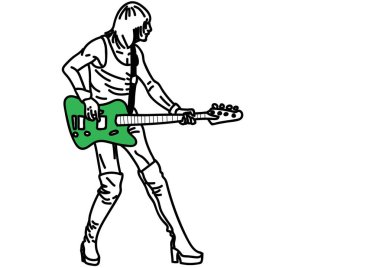 Beyaz üzerine elektro gitarlı rock müzisyeninin el çizimi illüstrasyonu
