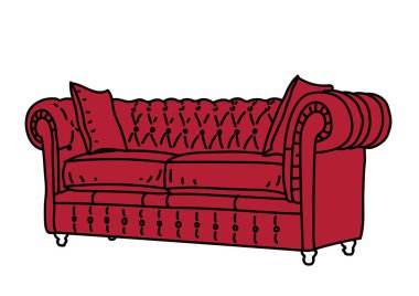 Beyaz üzerine kırmızı kanepenin el çizimi vektör çizimi