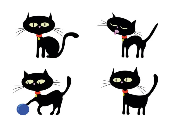 Hand Drawn Vector Illustration Set Black Cat Various Poses White — Stock Vector