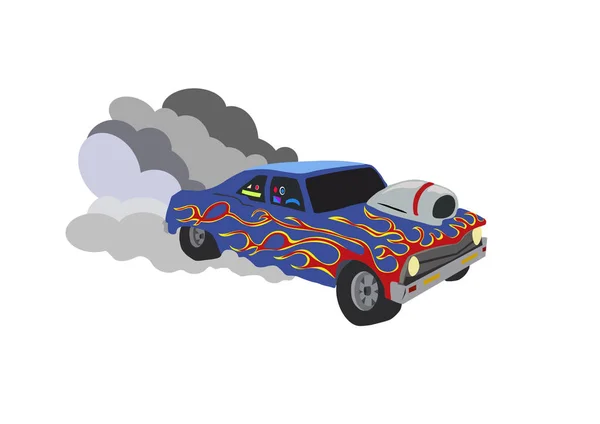 Handgezeichnete Vektor Illustration Von Hot Rod Fahrzeug Brennenden Reifen Auf — Stockvektor