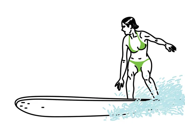 Ilustración Vectorial Dibujada Mano Del Surfista Femenino Que Monta Ola — Vector de stock