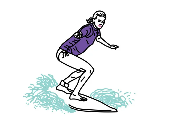 Ilustración Vectorial Dibujada Mano Del Surfista Femenino Que Monta Ola — Vector de stock