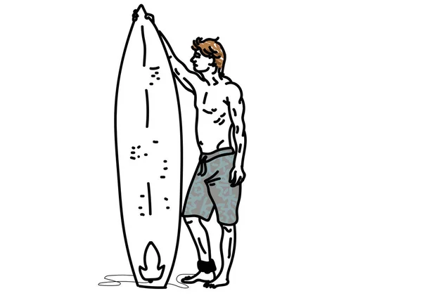 手描きベクトルイラスト 白地のサーフボードに立つ白地の男 — ストックベクタ