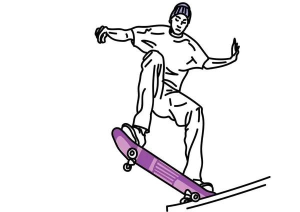 Ручной Рисунок Вектора Скейтбордера Выполняющего Трюк Белом — стоковый вектор