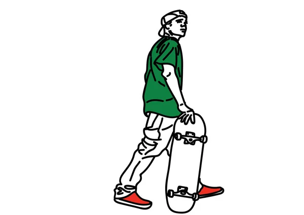 Ilustración Vectorial Dibujado Mano Skateboarder Realizar Truco Blanco — Vector de stock