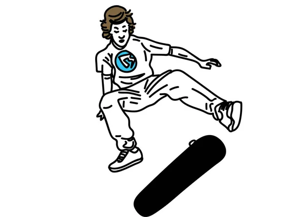 Ручной Рисунок Вектора Скейтбордера Выполняющего Трюк Белом — стоковый вектор