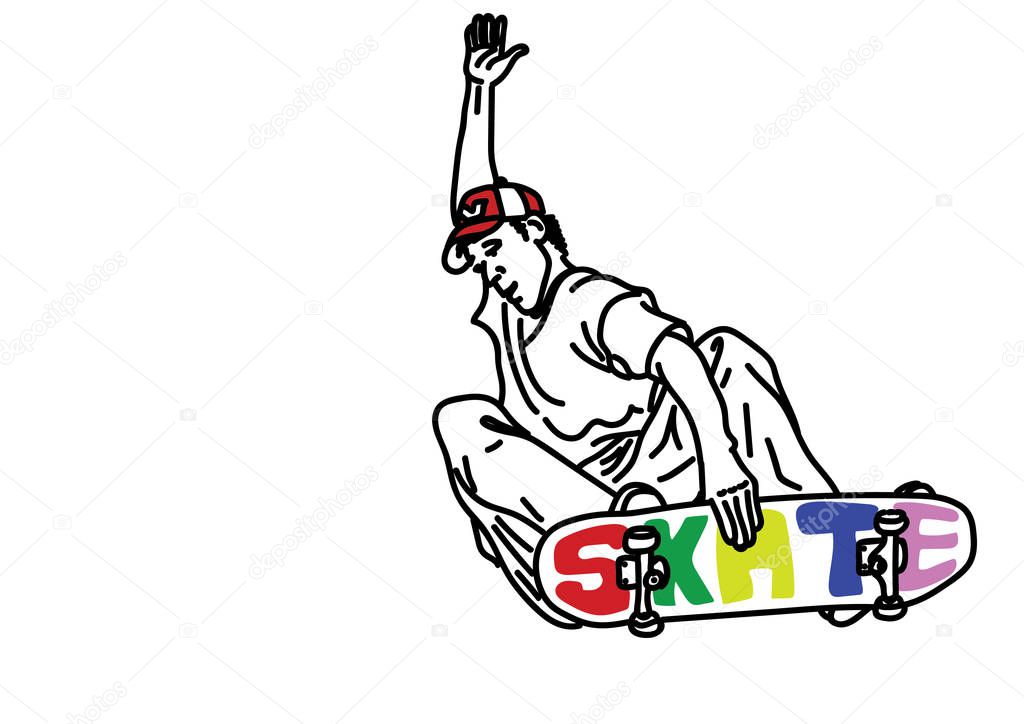 hand-drawn vector illustration of skateboarder performing trick on white