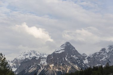 Etkileyici Alpler dağlarının manzarası, bol yeşil bitki örtüsü ve bulutlu gökyüzü.