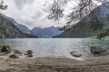 Norveç 'te bulutlu bir yaz gününde dağların arasındaki kara su fiyortunun kıyısı