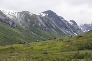 Terk edilmiş köy, farklı renkte ahşap evler, dağların arasında, arka planda buzullar, Norveç 'te bir yaz gününde bol miktarda yeşil bitki örtüsü.