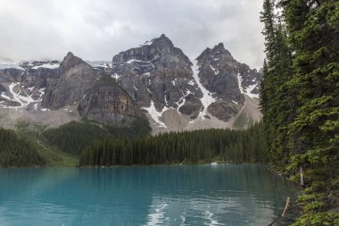Turkuaz su gölü, ormanın ortasında, yüksek ağaçlar ve büyük dağlarla Kanada 'da yaz boyunca.