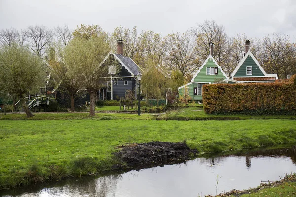 Typical Dutch Wooden Mills Next River See Them Wooden Window — Stock Photo, Image