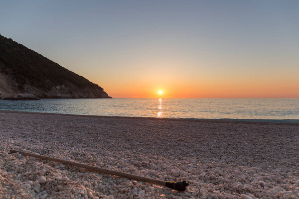 sunset at Myrtos beach, kefalonia island in Greece