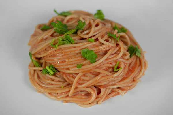 Espaguetis Salsa Roja Con Jamón Cerdo — Foto de Stock