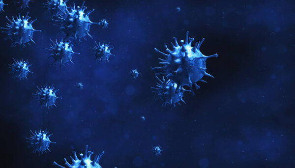 Microscopic view of influenza virus cells. 3D medical illustration