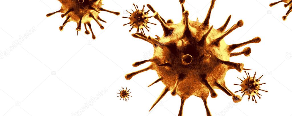 Microscopic view of influenza virus cells. 3D medical illustration