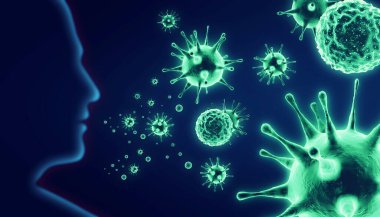 Grip virüsü hücrelerinin mikroskobik görüntüsü. 3 boyutlu tıbbi illüstrasyon