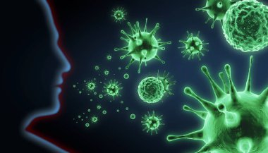 Grip virüsü hücrelerinin mikroskobik görüntüsü. 3 boyutlu tıbbi illüstrasyon