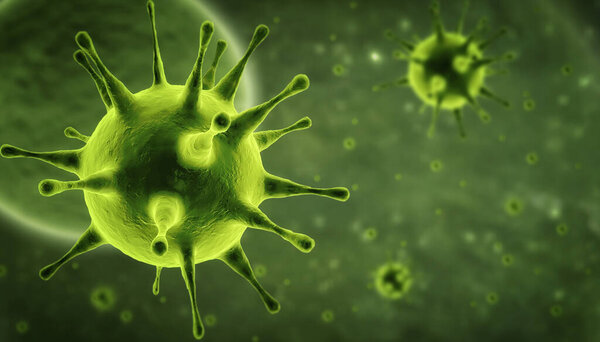 Microscopic view of influenza virus cells. 3D medical illustration