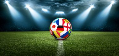 Futbol stadyumu, parlak ışıklar, saha manzarası. Futbol konsepti