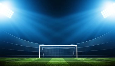 Futbol stadyumu, parlak ışıklar, saha manzarası. Futbol konsepti