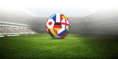 Futbol stadyumu, parlak ışıklar, saha manzarası. Futbol konsepti