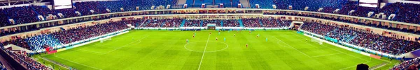 Football stadium, shiny lights, view from field. Soccer concept