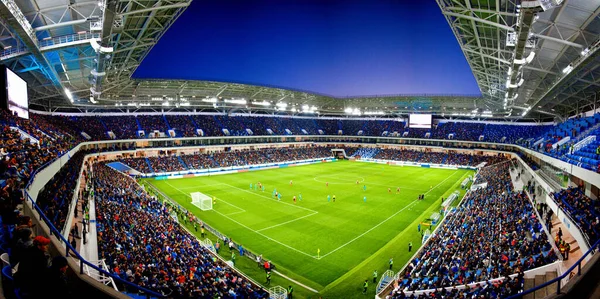 Estadio Fútbol Luces Brillantes Vista Desde Campo Concepto Fútbol — Foto de Stock