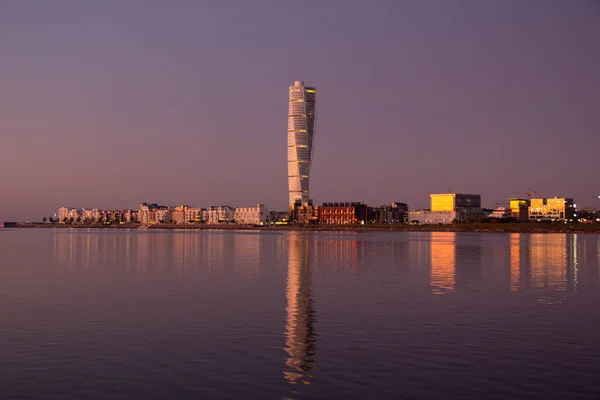 Panorama Malmö Švédsko Při Západu Slunce Vidět Moře Mrakodrap Turning — Stock fotografie