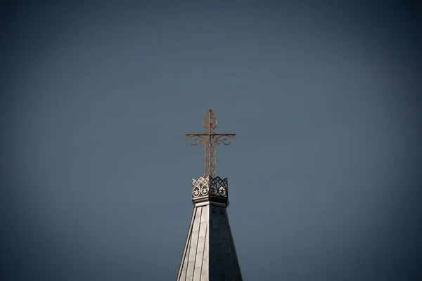 Golden Cross Top Church Steeple Town Malmo Sweden Has Space — Stock Photo, Image