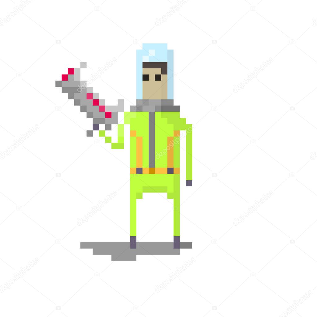 Pixel character space space traveler with blaster for games and websites
