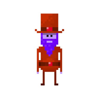 Oyun ve web siteleri için silindir şapkalı sakallı piksel karakter adamı