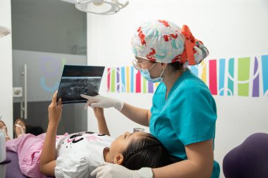 Röntgene bakan kız ve kadın doktorla çocuk diş hekimliği bürosu