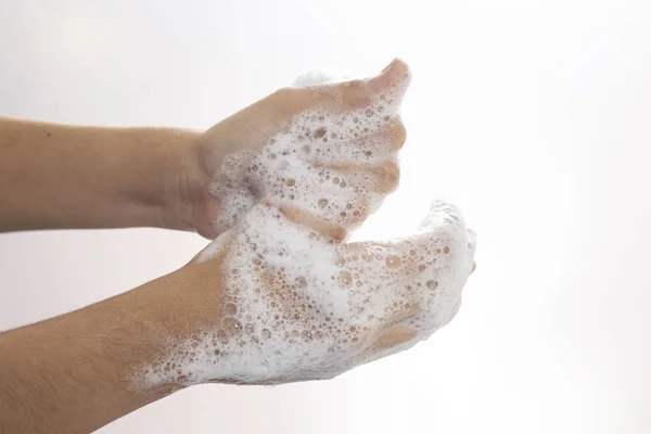 Person Washing Hands Plenty Thumb Soap — Stock Photo, Image