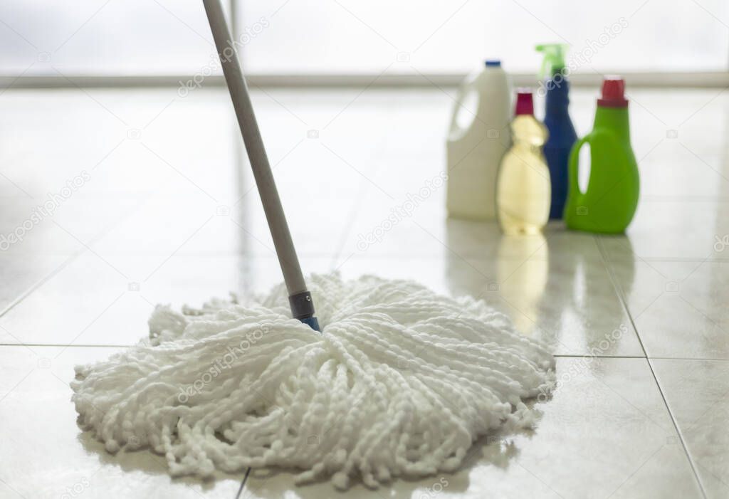Floor cleaning products, disinfectant liquids and rags.