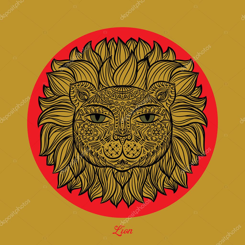Color image of a lion head on a white background. Can be used for logo, tattoo, horoscopes, T-shirt graphic, etc.