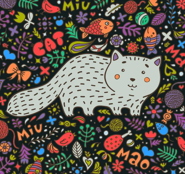 Handgetekende illustratie. Een dikke grijze kat, omgeven door bloemen, vis, speelgoed en andere katachtige personeel. Doodle stijl. Op een donkere achtergrond — Stockvector