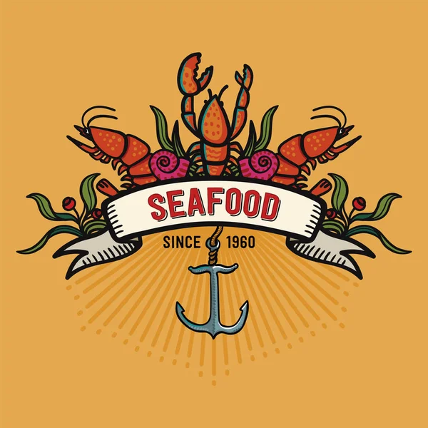 Морепродукти в мультиплікаційному стилі. Логотип ресторану з омарами, равликами з креветками, морською капустою та якорем . — стоковий вектор