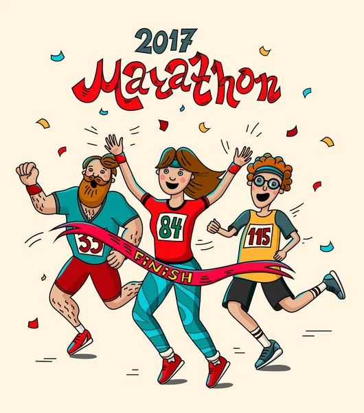 Hombre, adolescente y corredor mujer cruzan la línea de meta. Estilo de dibujos animados. Maratón 2017 . — Archivo Imágenes Vectoriales