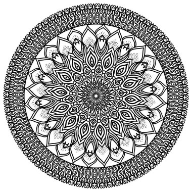 Mandala, son derece detaylı illüstrasyon, etnik tribal dövme sebebi, siyah ve beyaz