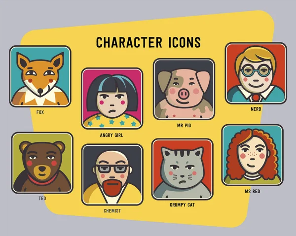 Vektör avatarlar ayarlayın. komik renkli karakterler. Erkek, kadın ve komik hayvanlar. Domuzu, kediyi, ayı ve tilki. — Stok Vektör