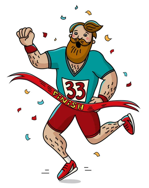 Man atleet de finishlijn. Cartoon stijl. Marathon. — Stockvector