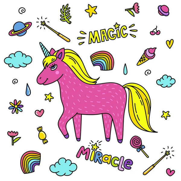 Söta handgjorda unicorn. Rosa Enhörning och magiska saker. Mirakel och magic varelse. — Stock vektor