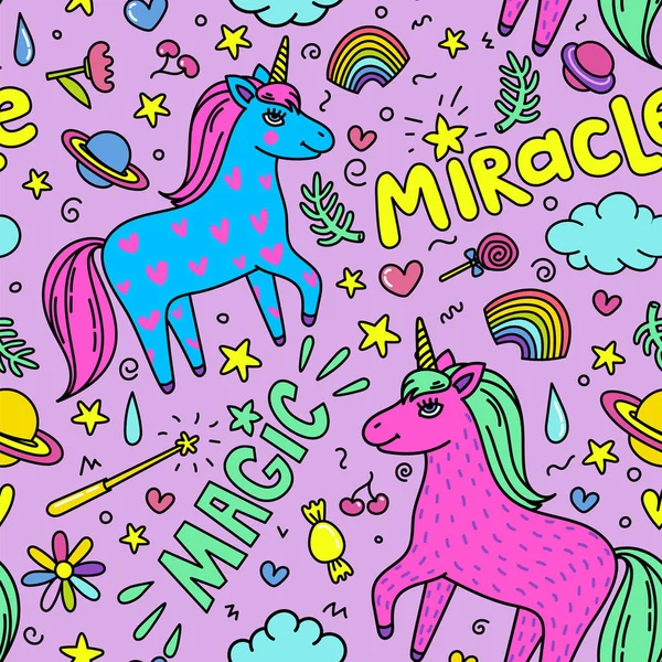 Dikişsiz sihirli desen handdrawn tek boynuzlu atlar ve sihirli şeyler ile. Mucize ve sihirli yaratık.